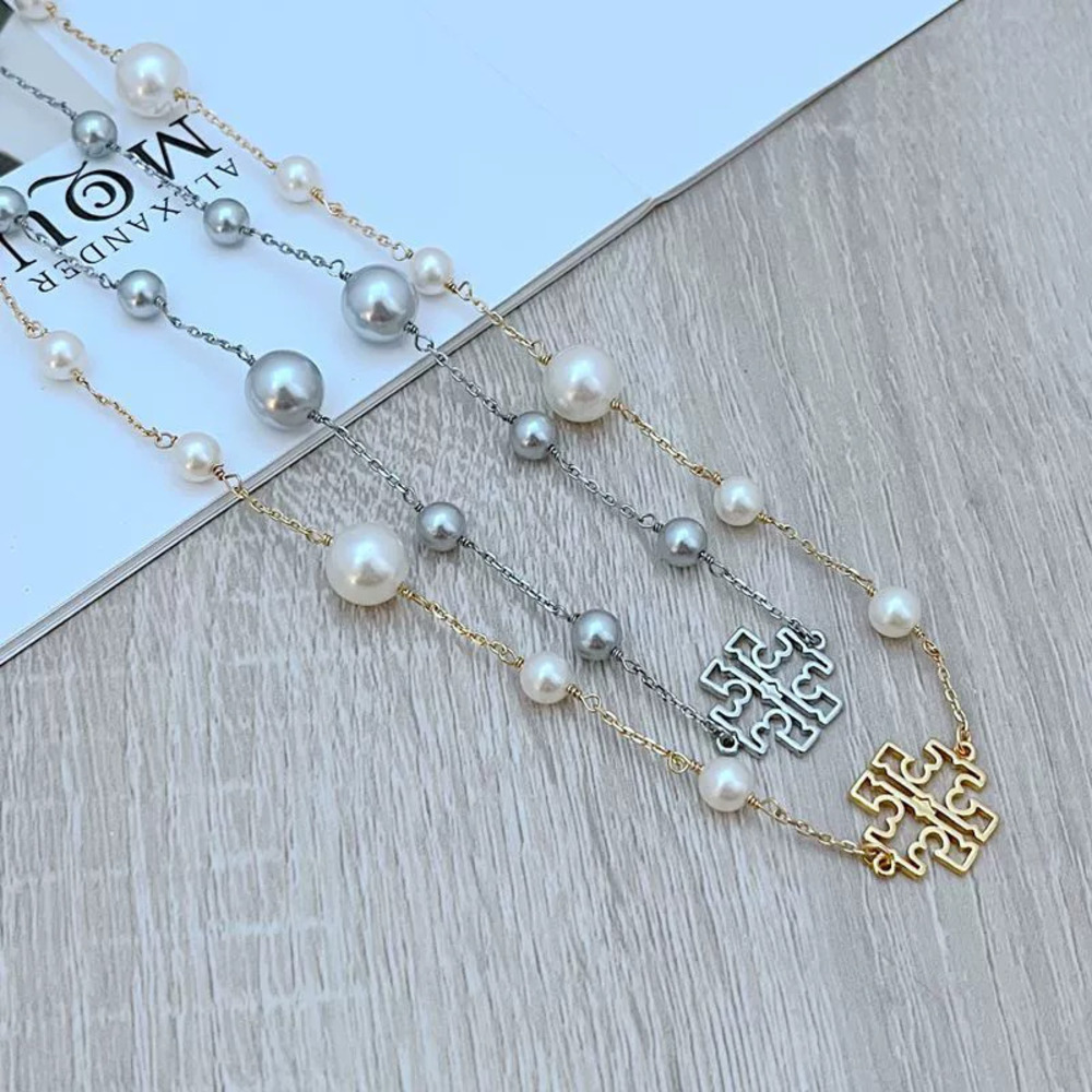 Tory Burch Vintage Pearl Inlay Hollow Letter Necklace